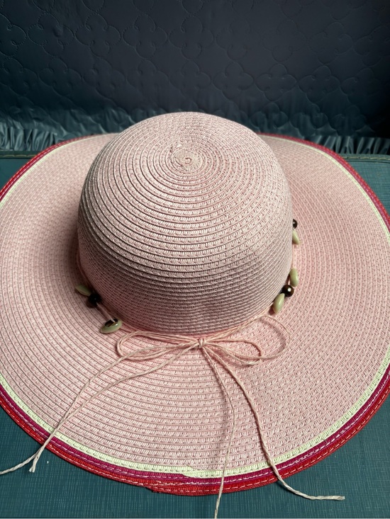 Wide Brim Pink Straw Sun Hat with Bead shells Trim main image 7